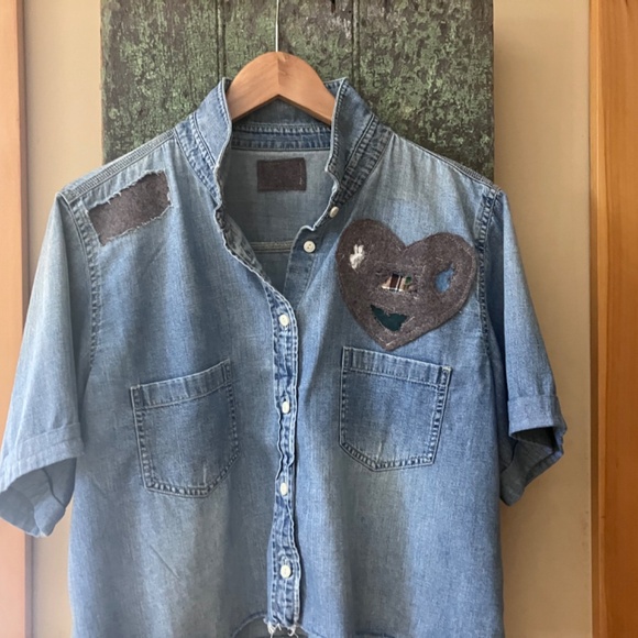 One-of-a-Kind Upcycled Denim Shirt | Cropped Distressed Denim with Wool Patches - Picture 8 of 8